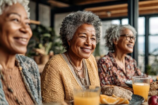 Three elderly friends enjoy a joyful brunch gathering in a modern café during daytime