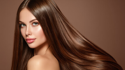 Naklejka premium Long, silky hair shines beautifully against soft brown background, highlighting model flawless skin and captivating features. image evokes sense of elegance and beauty
