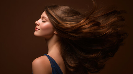 Woman with long, flowing hair is captured in graceful pose, showcasing her smooth, shiny locks against warm brown background. image conveys sense of beauty and elegance