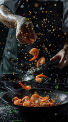 Pan-fried shrimp tumble mid-air as steam and seasoning create a vivid food moment. Generative AI