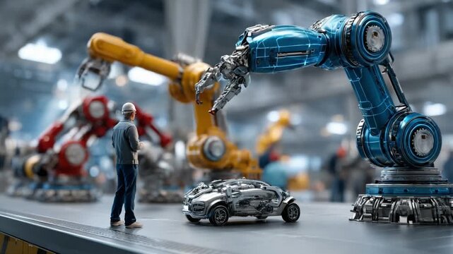 Robotics and Man: A detailed glimpse into a modern automated automotive assembly line, highlighting the harmony between human observation and machine operation.