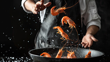 Vivid food motion of shrimp sizzling and flipping through steamy oil and savory texture. Generative AI