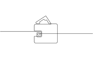 Continuous one line drawing of Wallet with paper money, isolated on transparent background vector illustration.