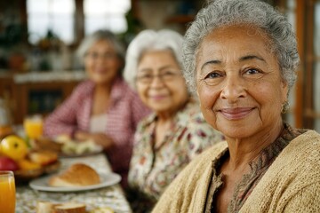 Group of senior women enjoying breakfast together in a cozy kitchen during a sunny morning