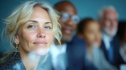 Femme blonde souriante aux yeux bleus dans un environnement professionnel