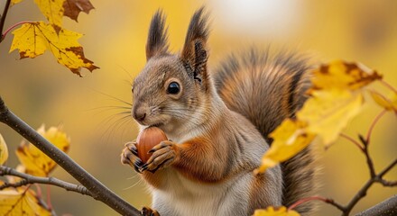 A close-up of a squirrel holding a nut