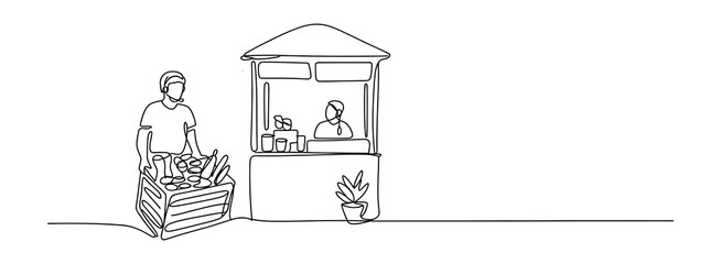 Fototapeta premium Continuous Line Drawing of Outdoor Market – Shopping and Sales Illustration