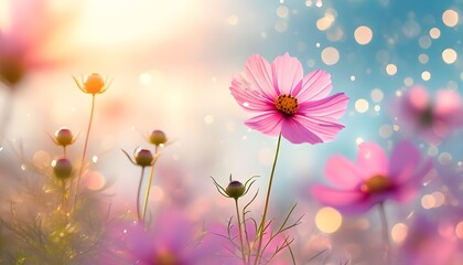 Obraz premium Beautiful Pink Cosmos Flowers with Sunlight and Bokeh Background
