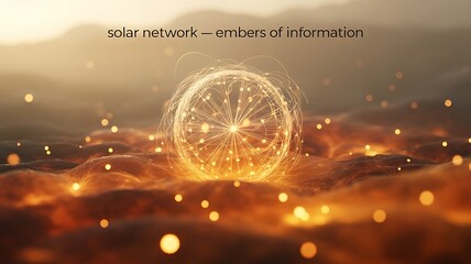 Glowing Orb Network Amidst Fiery Landscape abstract