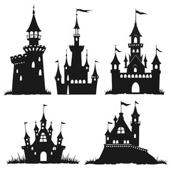 Obraz premium Black fantasy castles and towers with flags and grass medieval towers silhouette