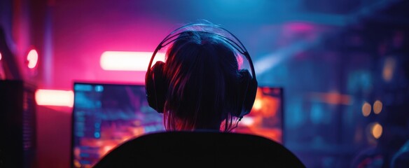 The Gamer Immersed in Neon Lit Gaming Setup Wearing Headphones and Streaming