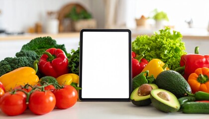 Fresh Produce Displayed Around a Tablet for Recipes or Shopping