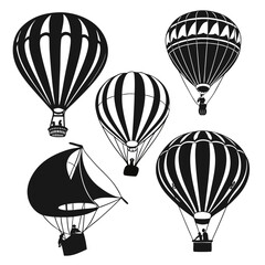 Black hot air balloons with people in baskets silhouette black and white © rabby