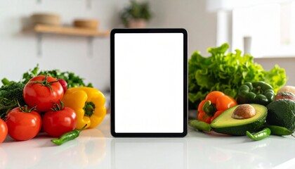 Healthy lifestyle concept with a digital tablet mockup for online recipes surrounded by fresh organic vegetables on a white kitchen counter