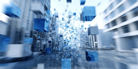 Abstract cityscape with flying blue cubes
