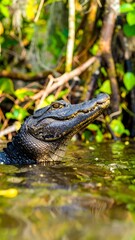 Naklejka premium Spectacled caiman in murky water, head raised