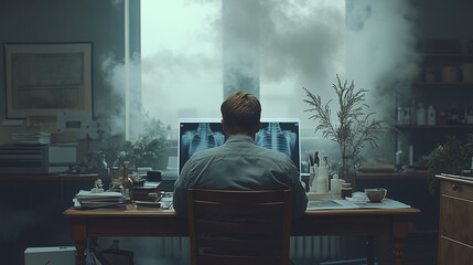A person sits at a wooden desk, studying an x-ray on a bright computer screen inside a hazy room.