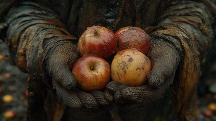 Earthy, textured hands gently hold four fresh, ripe apples, displaying their vibrant red and yellow hues, wet from natural rain.
