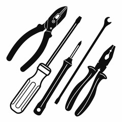Black silhouette of assorted hand tools repair maintenance