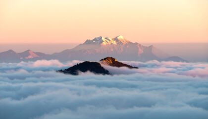 Majestic mountains pierce a sea of clouds at dawn
