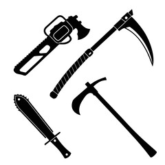 Black silhouettes of menacing weapons chainsaw scythe