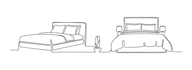 Continuous Line Drawing of Bed with Pillows – Home Furniture Illustration
