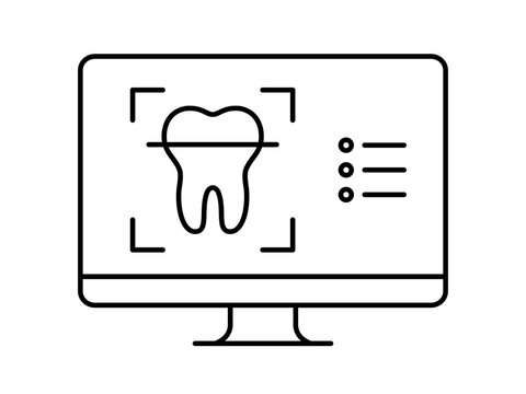 Dental imaging line icon. Digital dental X-ray and tooth scanning. Tooth on a computer screen. Oral radiography and 3D scanning technology used in dentistry. Modern technology. Vector illustration. 