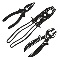 Black silhouettes of three pliers and wire cutters tools