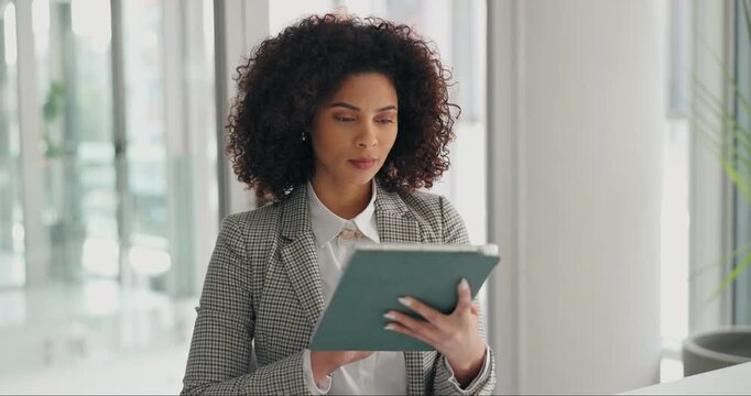 Thinking, tablet and planning with business woman in office for case advisor, reflection or lawyer. Evidence report, court statement and vision with person in law firm for research and attorney aid