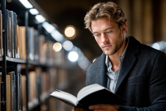 Man reading a book in a library