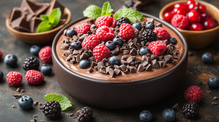 A rich chocolate dessert is beautifully displayed in a bowl, generously topped with fresh mixed berries, dark chocolate chips, and green mint leaves.