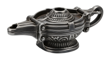 Vintage genie lamp isolated on transparent background, crafted from metal with intricate details, perfect for adding a touch of magic to any collection