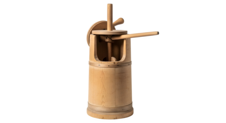 Antique bamboo butter churn isolated on transparent background is a vintage kitchen tool for making homemade butter with a rustic and traditional design