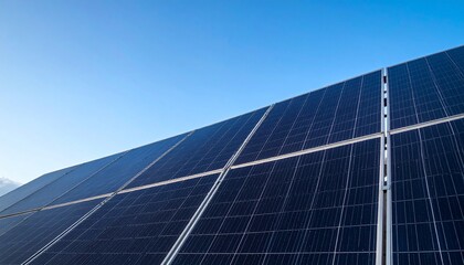 Obraz premium Expansive array of modern solar panels harnessing the sun's power for clean, sustainable electricity generation against a bright blue sky