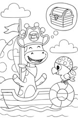 Fototapeta premium Pirate Giraffe and Parrot Coloring Page