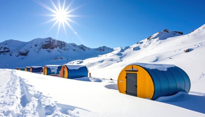 Colorful huts nestled in a snowy mountain landscape