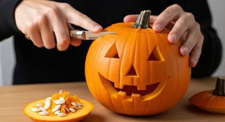 A person carving a pumpkin for Halloween