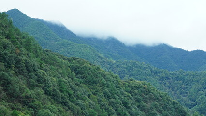 The beautiful mountains view with the covered fog on them in the rainy day