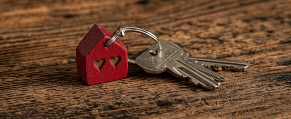 The red wooden house keychain and keys on rustic wooden surface.