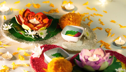 Colorful Diwali Candles and Floral Arrangements