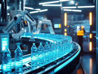 Naklejka premium An automated assembly line operates in a water bottle factory, featuring robotic arms handling plastic bottles. The factory is brightly lit, with futuristic technology and machinery visible.