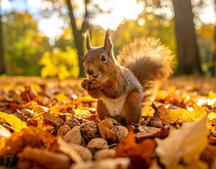 Squirrel in autumn park, eating nuts