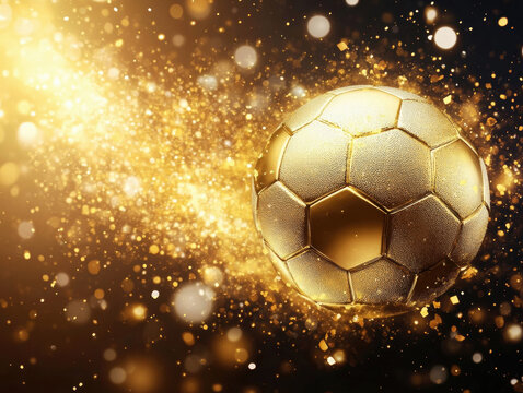 A glowing golden soccer ball appears to be in motion, surrounded by shimmering particles of light and sparkles. The scene captures energy and excitement found in competitive sports. - Powered by Adobe