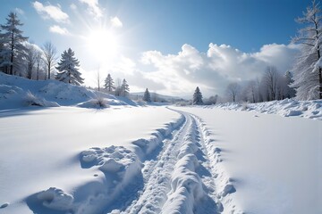 Snowy landscape with footprints under bright sunlight.