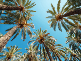 Palm trees sway gently against a vibrant blue sky, creating a serene tropical atmosphere. The sunlight filters through the fronds, casting playful shadows on the ground below.