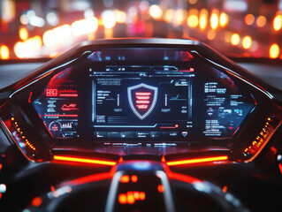 A sleek dashboard illuminated by vibrant lights, displaying high-tech interfaces and data analytics. The vehicle is equipped with cutting-edge technology, enhancing the driving experience.