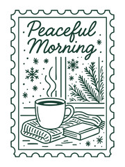 christmas stamp vector illustration of peaceful morning scene with steaming cup on books by window with snowflakes and pine branch festive lettering concept of seasonal greeting card