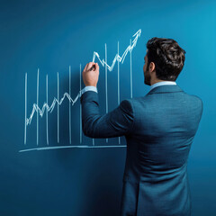 Business professional drawing a growth chart on a blue wall duri