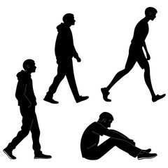 Four black silhouette figures in various poses people silhouettes