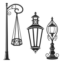 Four black ornate lamp silhouettes street lamp oil lamp